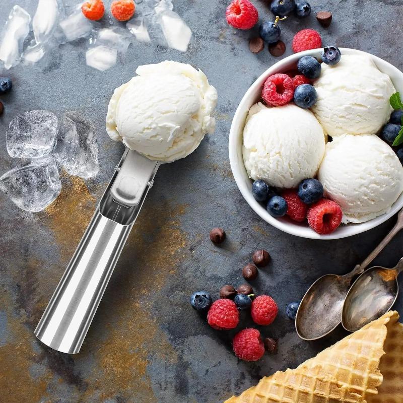 1pc Stainless Steel Ice Cream Scoop with Trigger Release Durable Non-Slip Grip for Frozen Yogurt Sundae Fruit Ball Scooper Easy