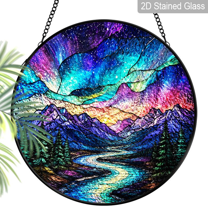 1pc 2D Flat Landscape Stained Glass Suncatcher, 6.3/7.87 Inch Starry Night Mountain Stained Glass Suncatcher, Home Decor, Garden Windocw Decor