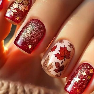 Herfst En Winter Europese En Amerikaanse Nail Art 24 Stuks Eenvoudige Pastorale Glitters Esdoornblad Medium Rechthoekig Te Dragen Nagels
