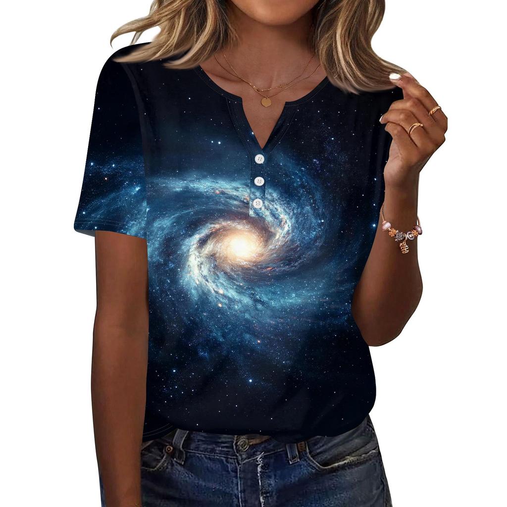 Damen T-Shirt mit Aufdruck und Knopfleiste, kurzärmelig, für den Alltag, Wochenendmode, Basic, V-Ausschnitt, normales Oberteil