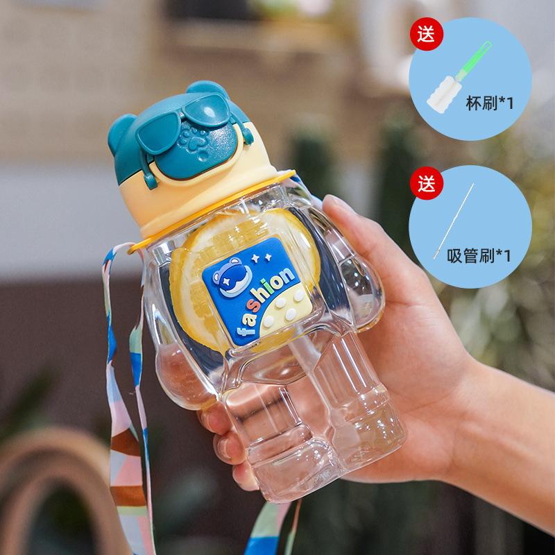 Water bottle new straw cup student children cartoon bear cup portable strap handle sticker plastic cup waterproof and drop resistant