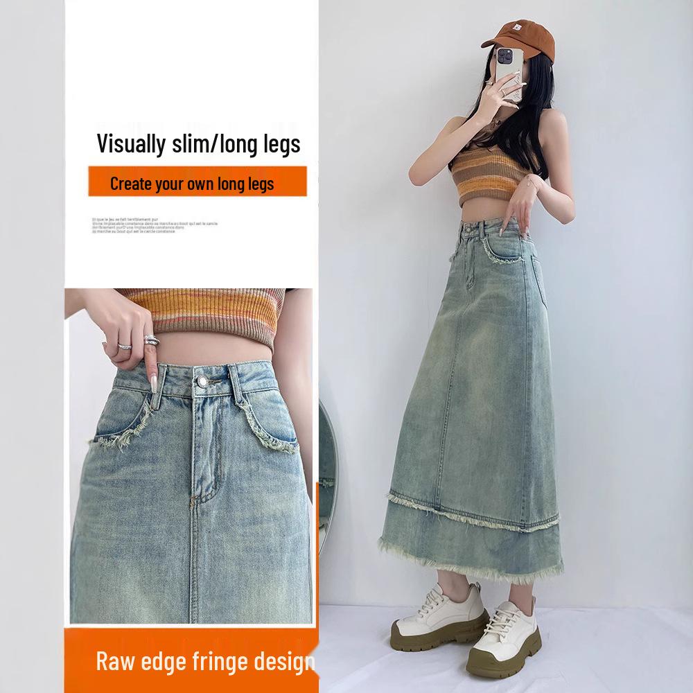 

Women s High-Waist Raw Edge A-Line Denim Midi Skirt with Back Slit - Summer Slim Fit 2XL