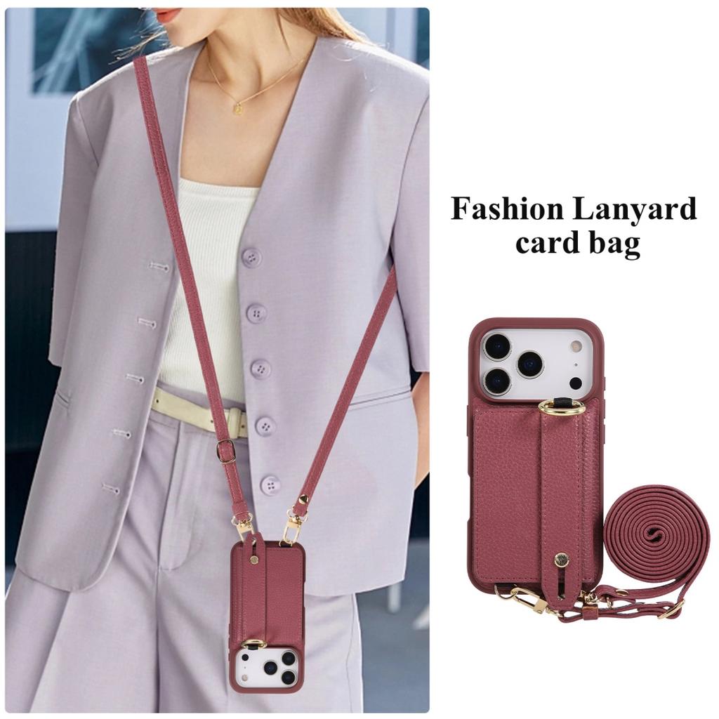 For iphone 17 16 15 14 13 12 11 Pro Max Air Case PU Leather Wallet Bag Grip Strap Holder Long Crossbody Lanyard Ring Clasp Cover