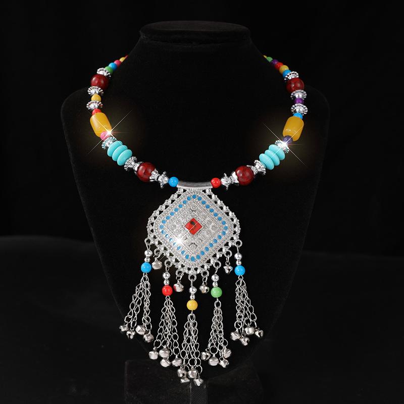 Retro Yunnan Ethnic Style Collar Women's Handmade Imitation Miao Silver Beaded Exaggerated Necklace Set Chain Stall Necklace