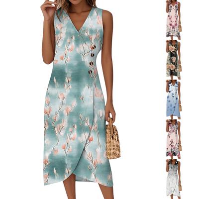 Women's Casual V-Neck Spring/Summer Sleeveless Button Retro Print Dress