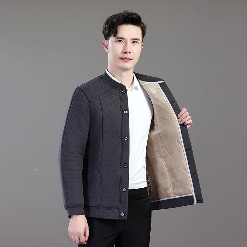 Men's Thickened Fleece-Lined Cotton Jacket, Windproof and Warm, Winter Dad's Wear, Solid Color