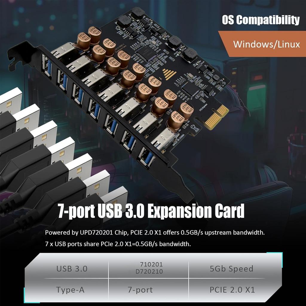 USB 3.2 Gen1 PCI Express Multiplier PCI E to 7 ports USB 3 Hub Expansion Adapter Card PCI-E 1X Controller for Desktop