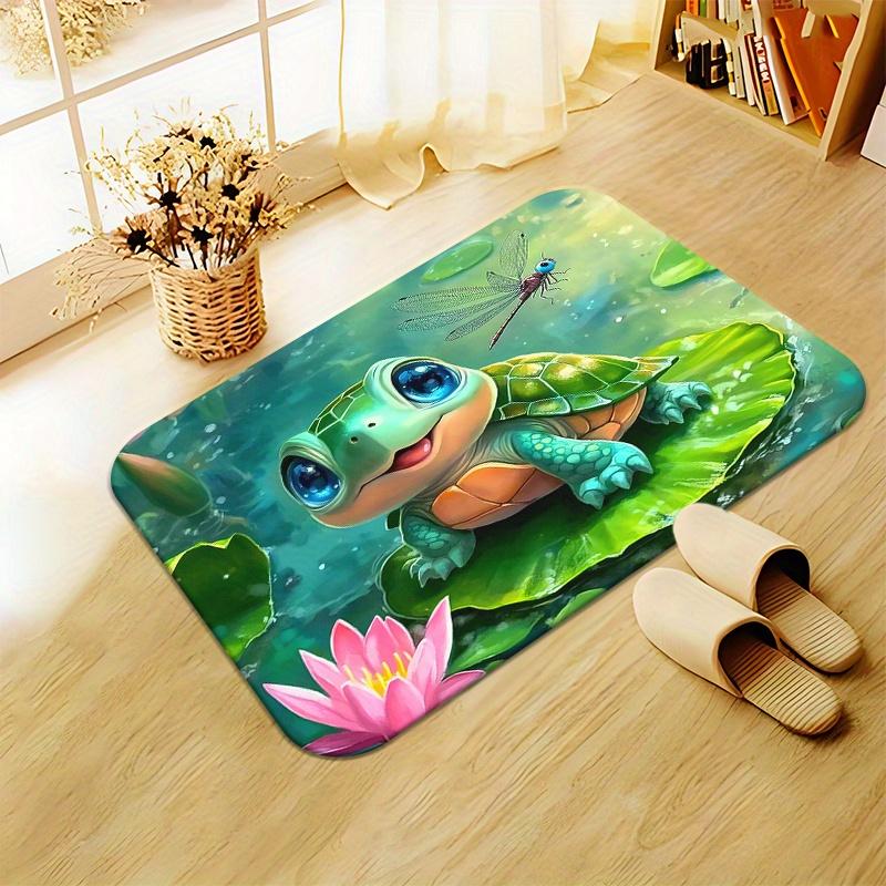 Adorable Turtle on Lotus Leaf with Dragonfly Flannel Rug Non-Slip Absorbent Cute Nature Theme Doormat for Front Door Kitchen
