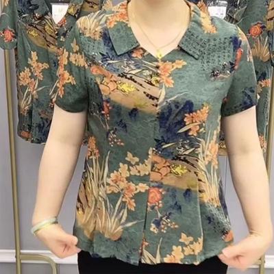 Folk Vintage Printed Loose Blouse Summer Turn-down Collar Button Commute Casual Pleated Spliced Shirt