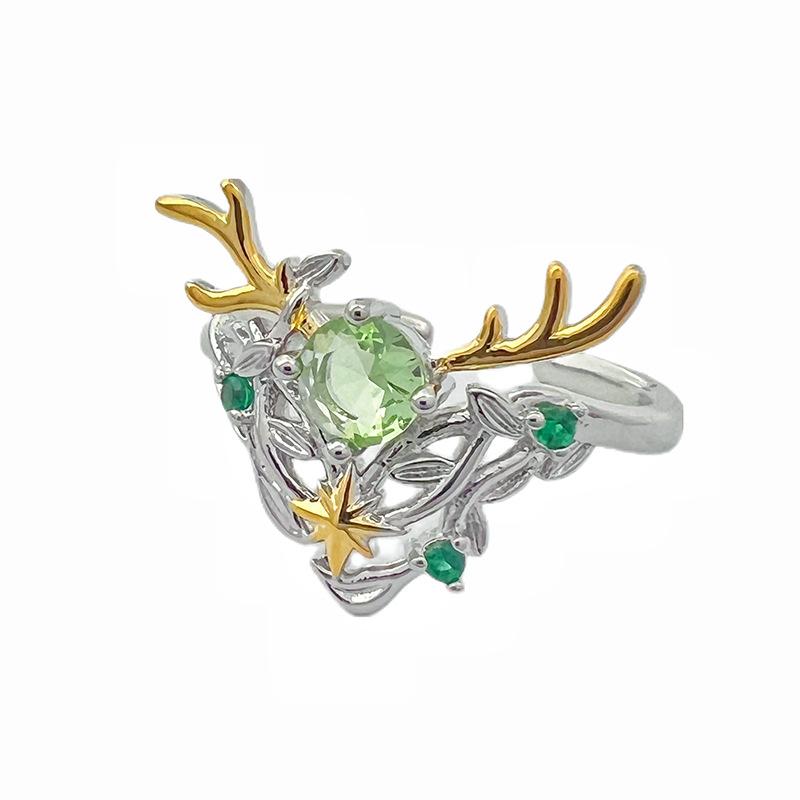 New Antlers Color Treasure Double Gold Light Luxury Premium Sense Opening Ring Pink Love Full Diamond Zircon Personality Ring Female