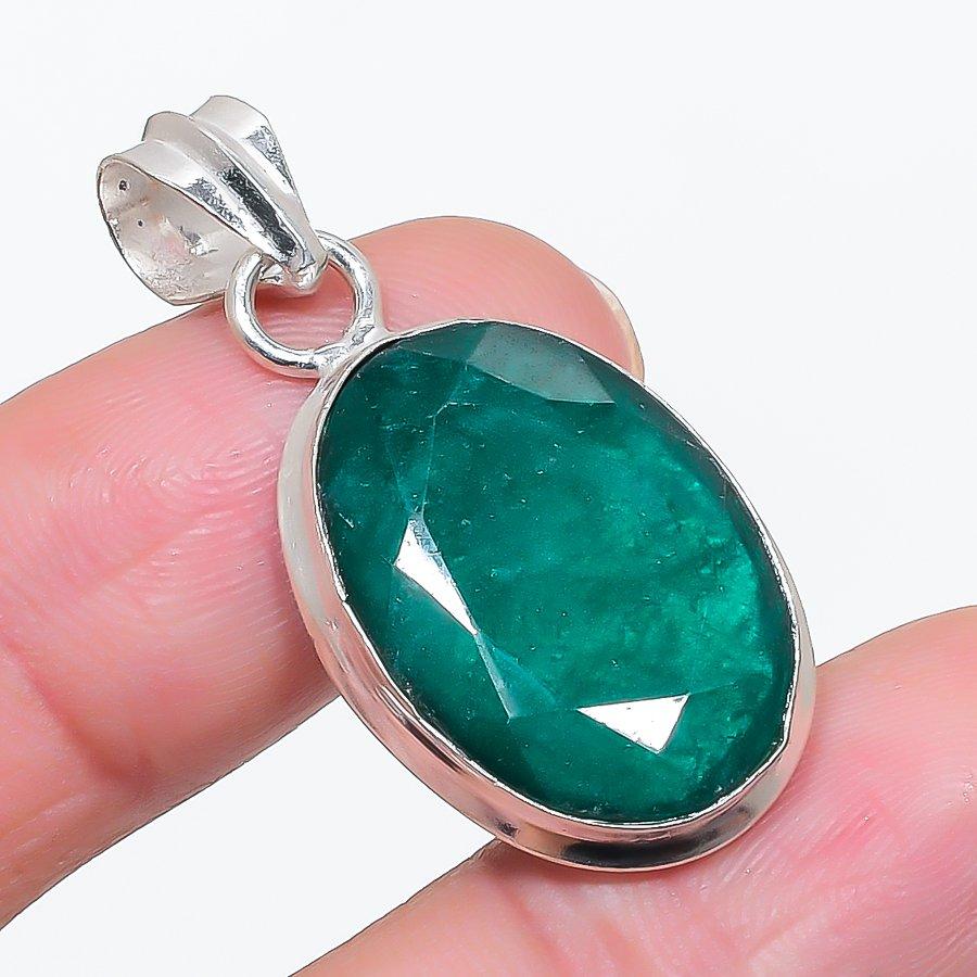Natural Emerald(Simulated) 925 Sterling Silver Jewelry Pendant 1.54" F1M74
