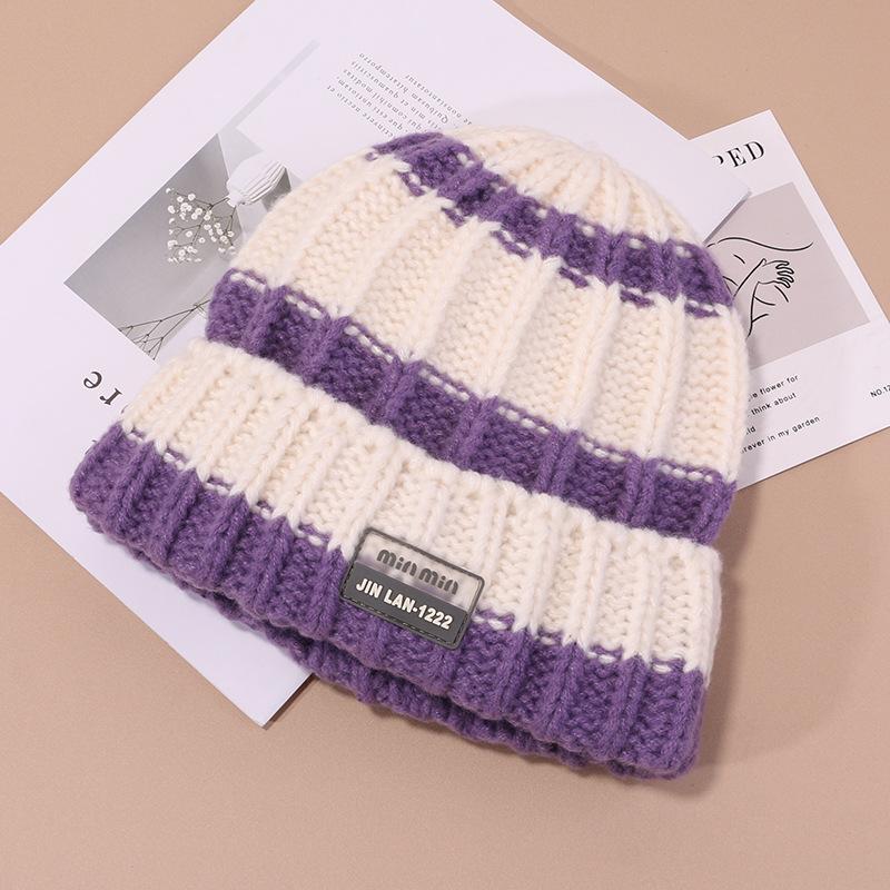 Autumn and Winter Striped Color-blocking Hat for Women Versatile Wool Hat Ear Protection Warm Pullover Hat Outdoor Riding Cold Proof Knitted Hat
