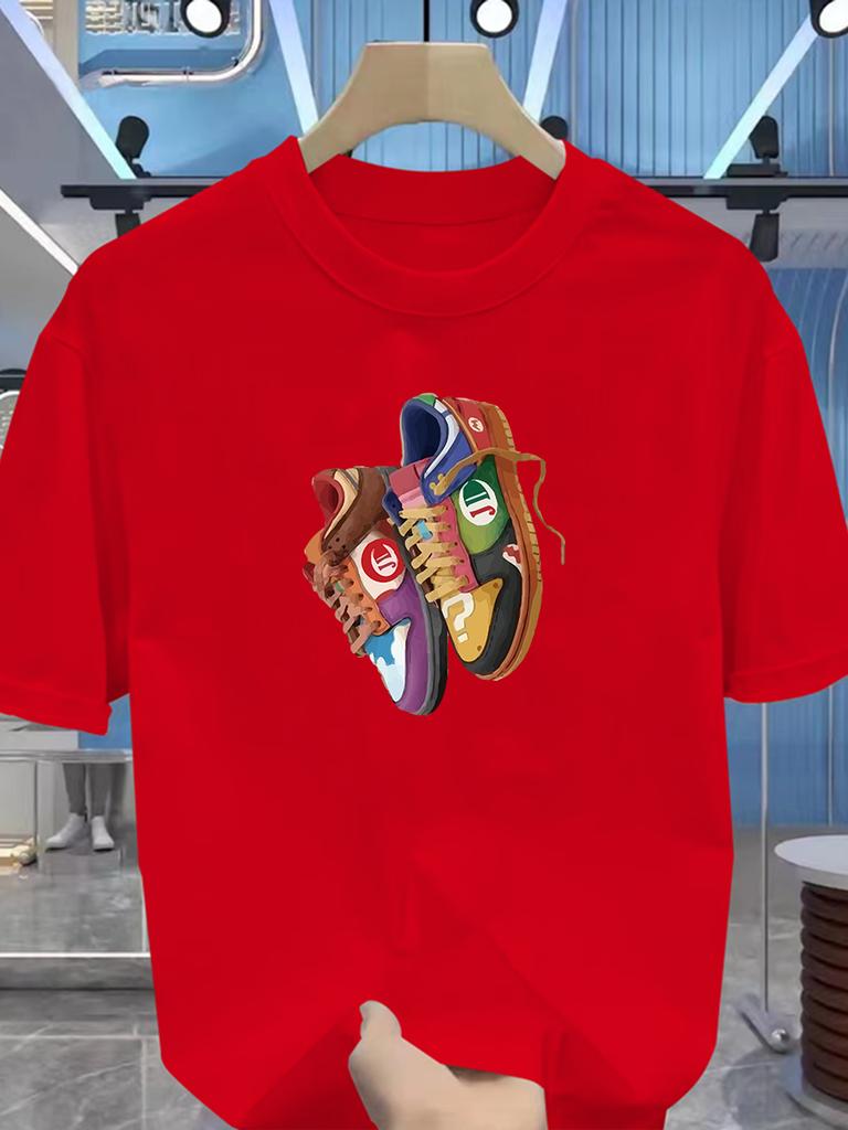 Men's Summer Cotton T-shirt - Fashion Brand - Tight Sportswear Style - Teenage Trendy Style - Printed Shoes - Short-sleeved Top
