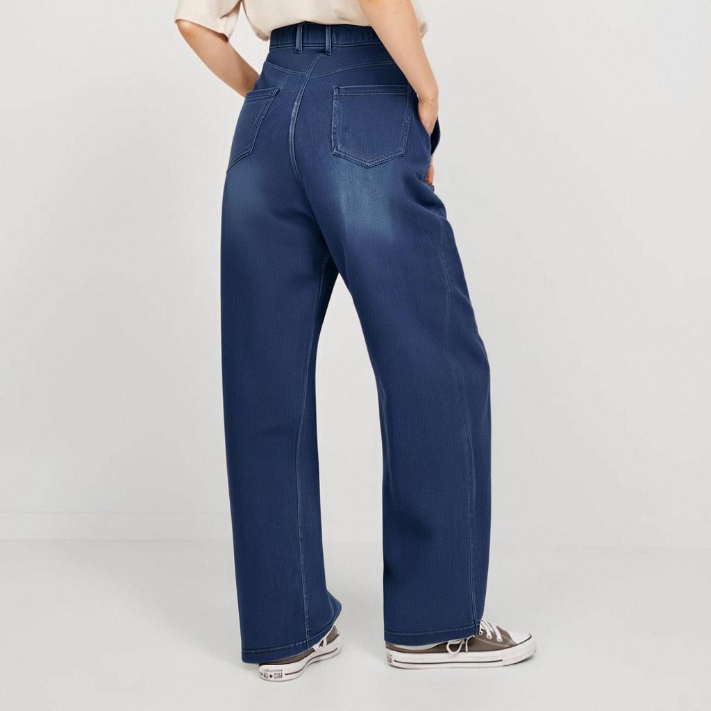 Damen Jeans Lässig Einfarbig Stretch Knopf Gerade Jeans