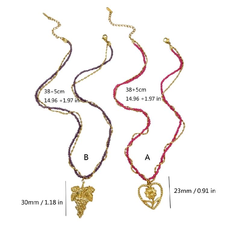 Modern Stainless Steel Necklace with Heart Flower/Grape Charm Crystal Beads Adjustable Closure Neckchain Accessory