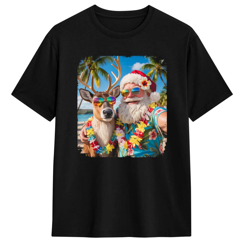 Santa and Reindeer Selfie Funny Beach Christmas in July T-Shirts Leisure Cotton Tees Round Neck Short Sleeve T Shirt Classic