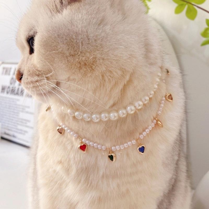 Cats Dog Pearls Collar,Heart Rhinestones Pet Necklaces,Adjustable Party Wedding Pet Jewelry Accessories for Puppy Cats