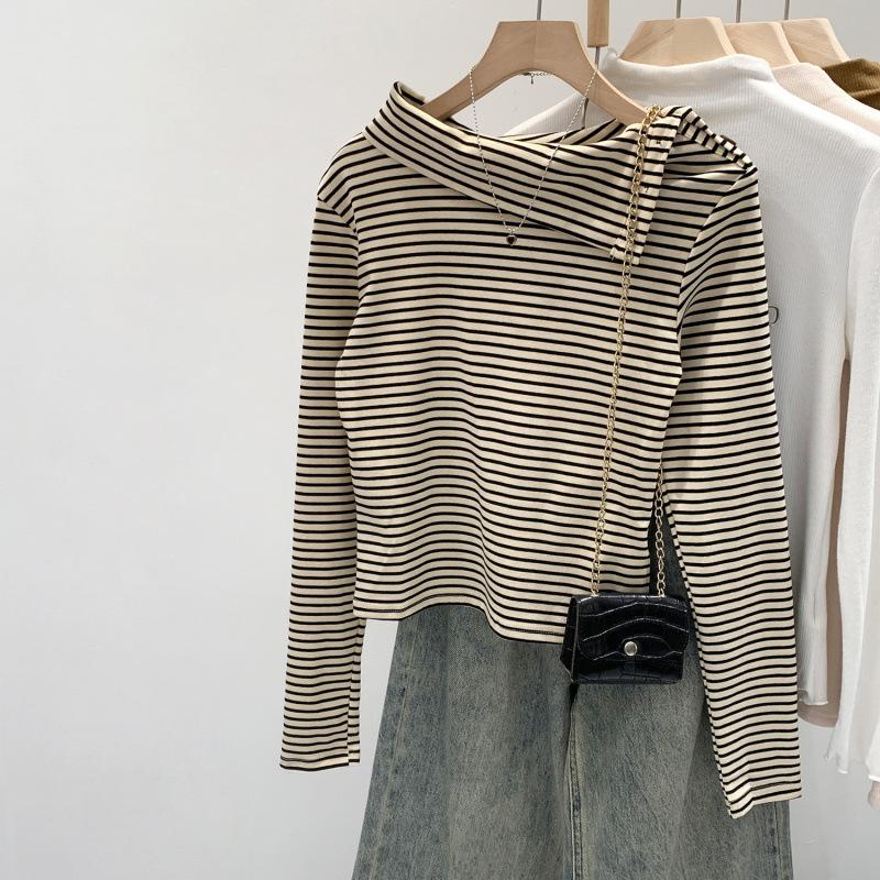 

Women s Striped Lapel Long Sleeve T-Shirt, Autumn/Winter 2025, Stylish Base Layer or Outerwear Large абрикосовий