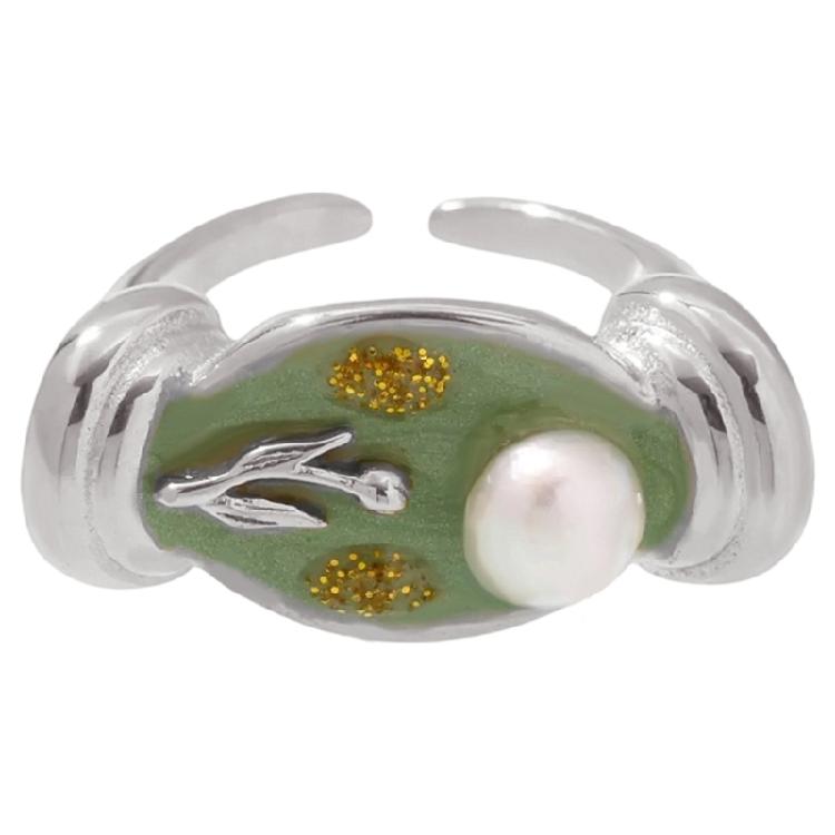 Gioiello Artistico Fiore di Rosa Anello in Acciaio Inossidabile Smaltato con Accenti di Perle Fascia Regolabile Anello Aperto Gioielli Floreali
