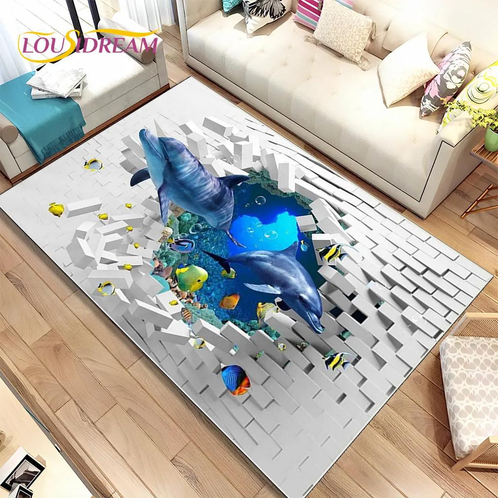 3D Illusion Seabed Underwater World Dolphin Shark Area Rug,Carpet Rug for Living Room Bedroom Sofa Doormat,Non-slip Floor Mat