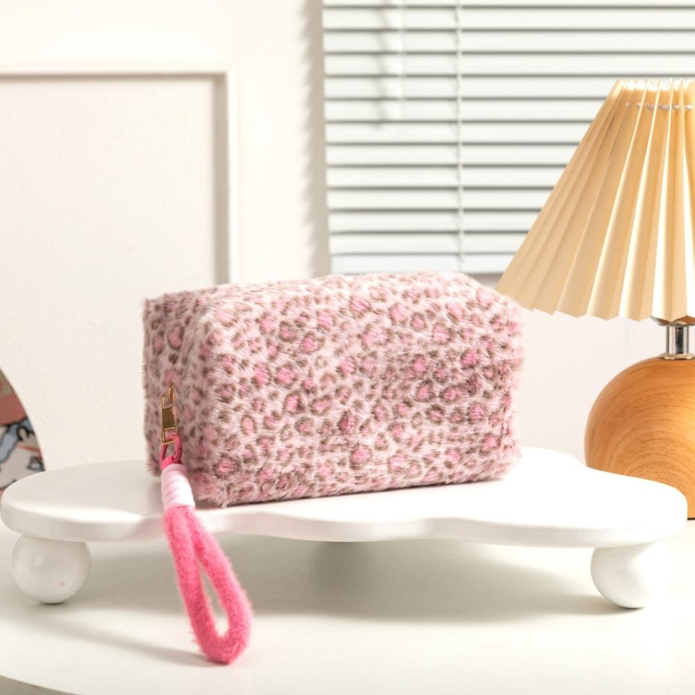 Large Capacity Plush Cosmetic Bag Leopard Print Pattern Travel Cosmetic Case Cosmetics Storage
