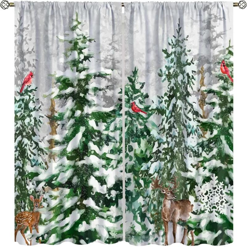 2pcs Watercolor Winter Forest Printed Curtains, Designed for Light Filtering, Quality Material, Ideal for Christmas Home Window