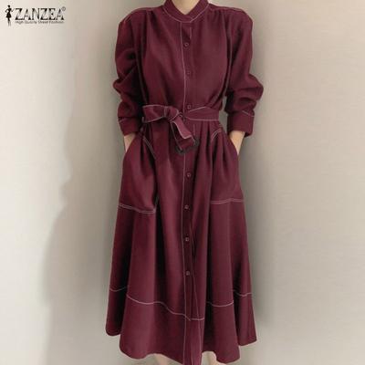 Women Casual Round Neck Solid Color Long Sleeve Loose Dress