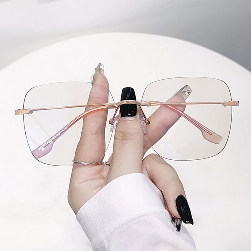 Metal Rimless Glasses Big Frame Women Prescription Anti-Blue Light Myopia Optical Square Eyewear 0 -0.5 -1.0 -1.5 To -5.0