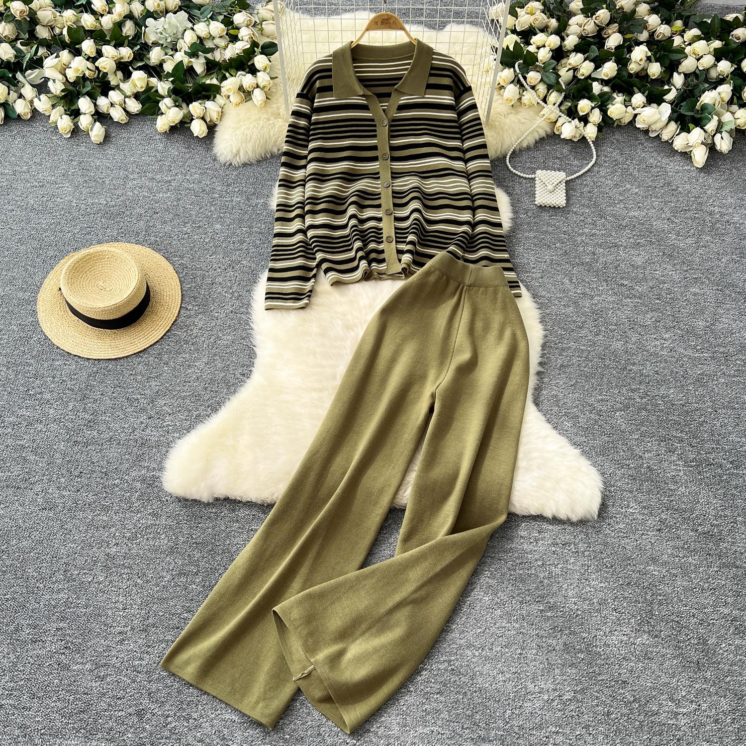 

Осень Зима Женский Повседневный Полосатый Вязаный Свитер Брюки Комплект из двух предметов Воротник поло Однобортный Жакет Топы и Брюки Спортивный костюм One Size зелёный