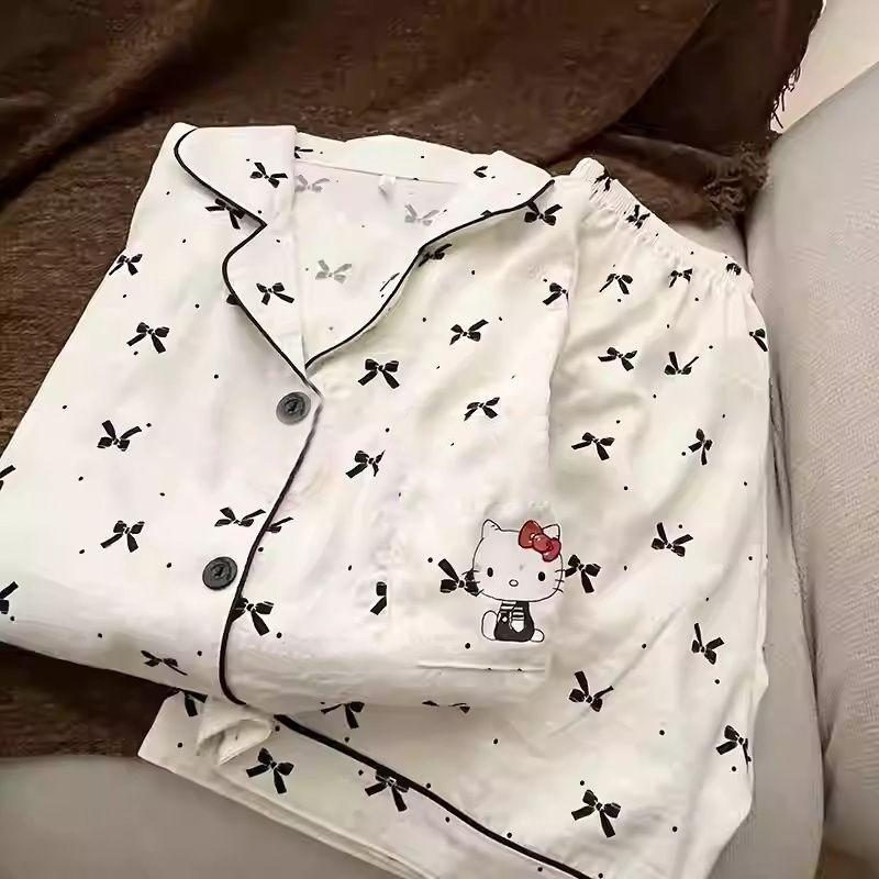 

Cute bow full print Hello Kitty pajamas women s summer short-sleeved shorts ins style suit student loungewear S
