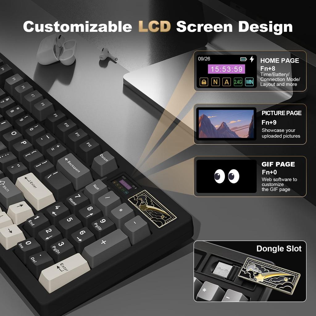YUNZII IF99 Layout Wireless Gaming Keyboard with Mechanical LCD Technical Standards Certification Cocoa Cream V2 96% Bluetooth/2.4G/Wired Screen,