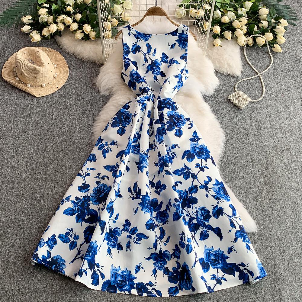 High-end printing temperament sleeveless dress women's summer new waist thin puffy pendulum long skirt