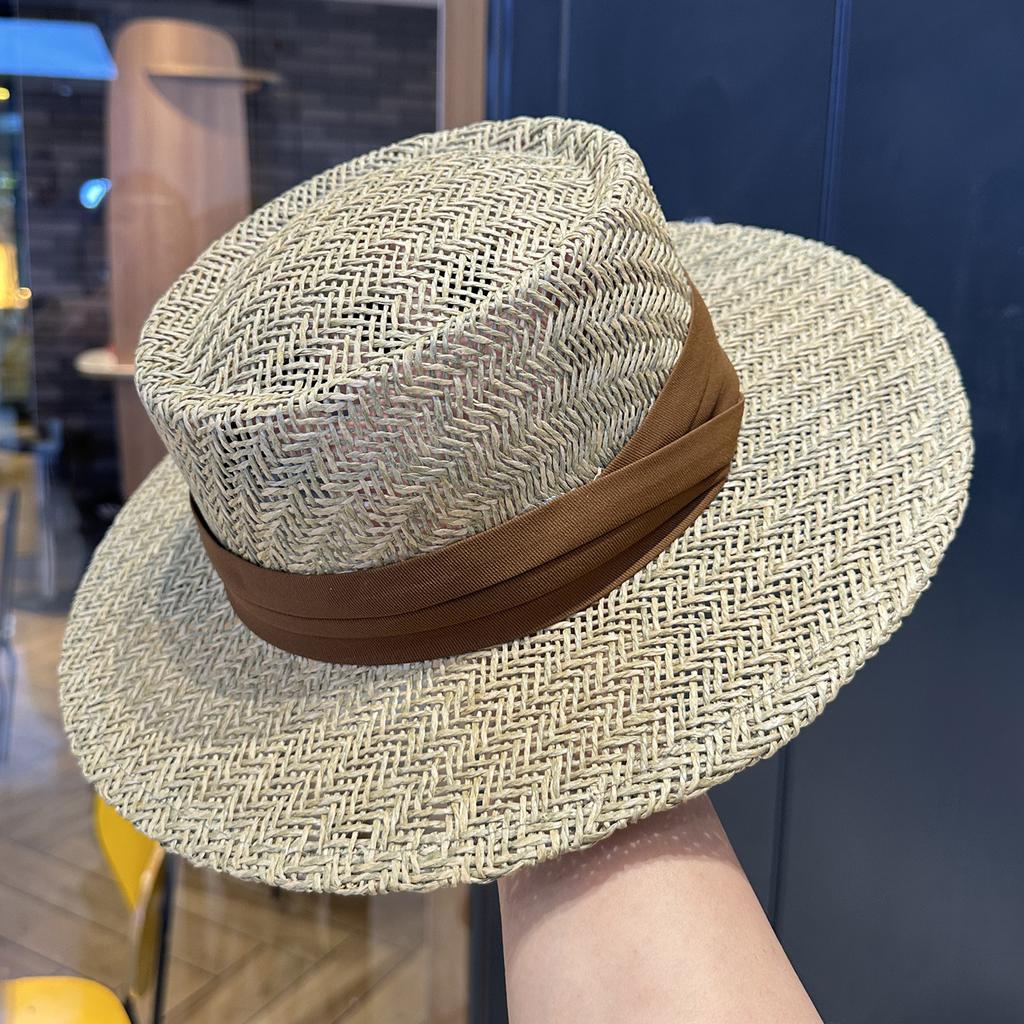Straw Flat Top Hat Women'S Straw Hat Summer Top Hat British Seaside Vacation Sun Hat Hollow Sun Hat