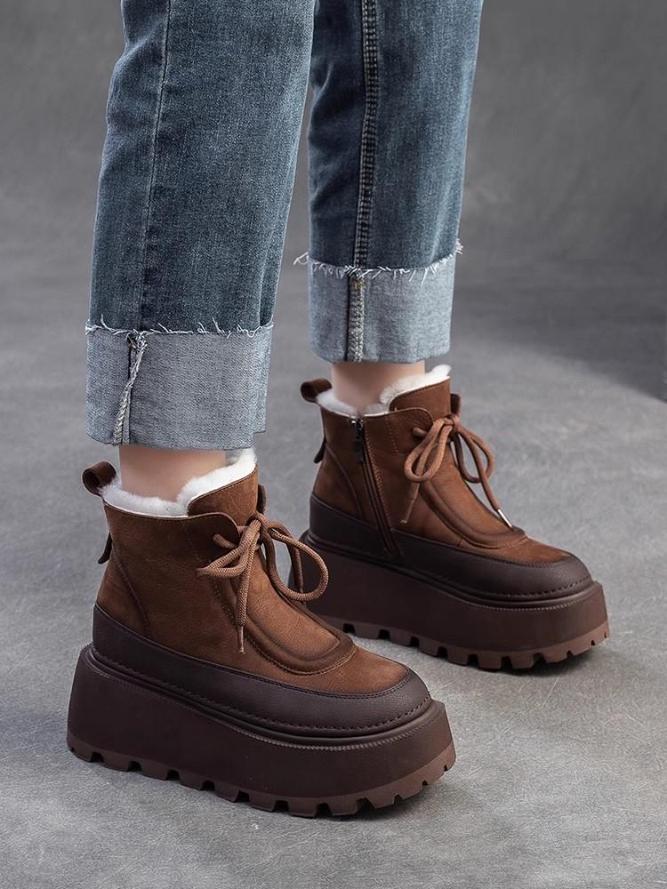 Fashion GKTINOO 6.5cm Genuine Leather Snow Boots Platform Warm Winter Ankle Boots Women Natural Wool Fur Booties Thick Sole Shoes