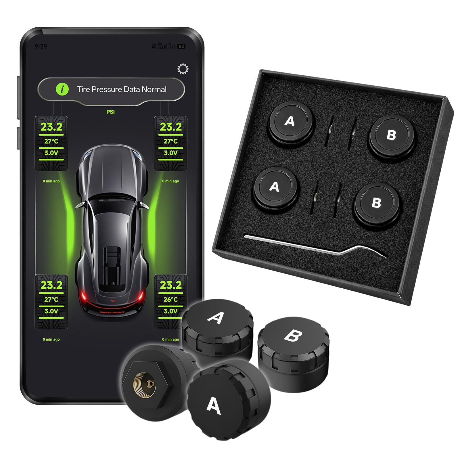 Wireless Bluetooth 5.0 Tire Pressure Monitoring System, Real-Time Pressure Temp Monitor, IP67 Waterproof for RV SUV MPV Van Car Portable
