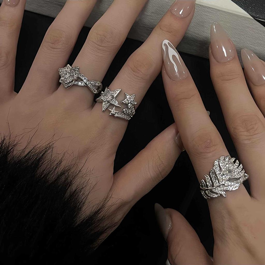 Light Luxury, High-End Feeling, Full Of Diamonds, Zircon Feathers, Camellia, Star Light Opening Ring, Niche Design, Stacked Personalized Ring