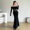 Elegant French Lace One-Shoulder Fishtail Knit Dress - Slim-Fit Waist-Cinching Long Gown for Women