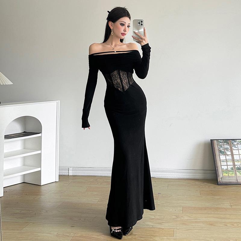 Elegant French Lace One-Shoulder Fishtail Knit Dress - Slim-Fit Waist-Cinching Long Gown for Women