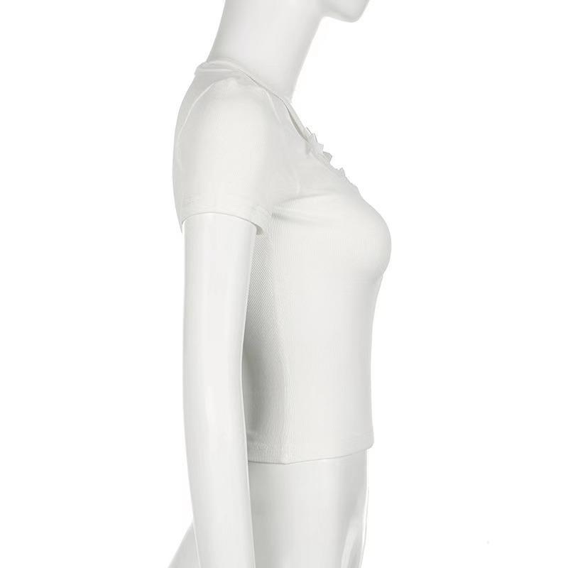 Decolteu cu dantelă, cu fundă, tricou drăguț Y2K, tricou pentru femei, subțire, cu mânecă scurtă, cu mânecă scurtă, îmbrăcăminte dulce pentru balet