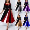 Women's Five-Quarter Sleeve Maxi Dress Peter Pan Collar High Waist Casual Midi Dress With Button Decor Color Block Print
