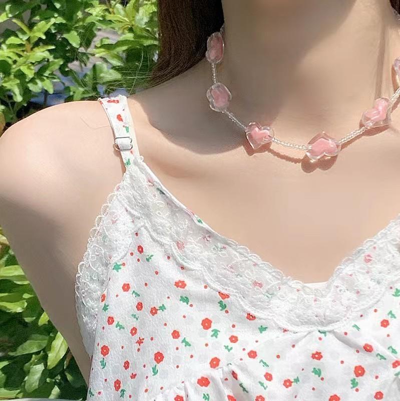 Colored Candy Beaded Necklace Girl Sweet Girl Pink Star Love Pendant Collarbone Chain