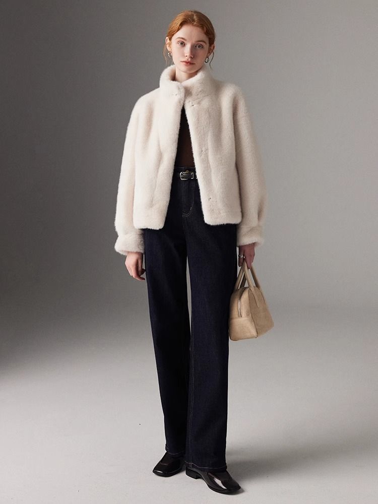 Imitation mink velvet fur jacket women's stand-up collar short, small, light in autumn and winter, thickened and warm, simple