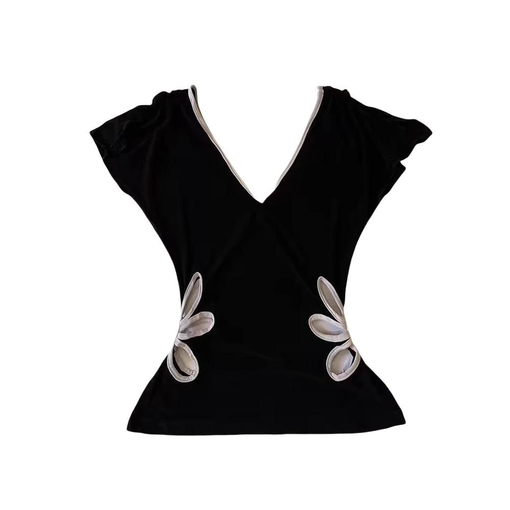 

Полая футболка с V-образным вырезом в виде цветка, милый кроп-топ без рукавов, мягкая футболка с коротким рукавом, лето M чёрный