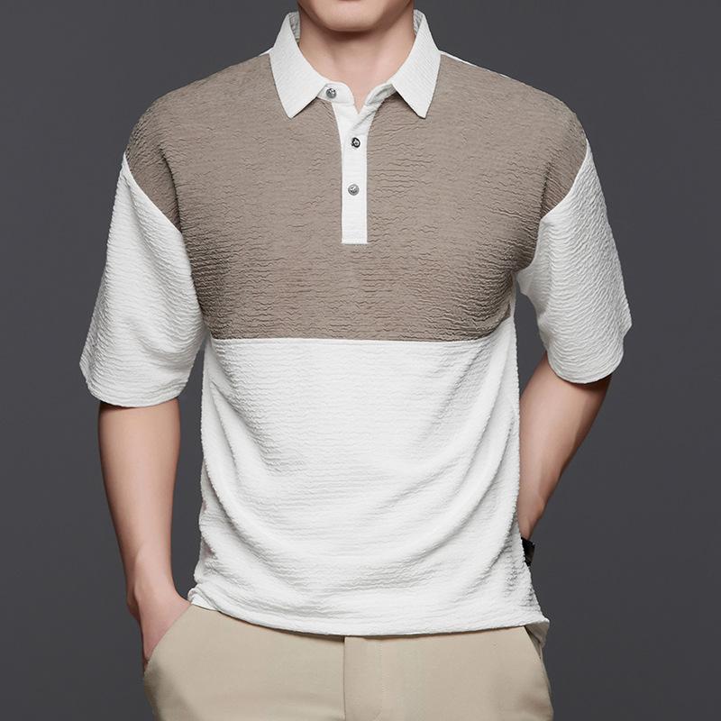 Classic Short-Sleeved T-Shirt Men'S High-End Breathable Non-Ironing Pullover Splicing Contrasting Color Lapel Half-Sleeved Polo Shirt