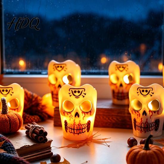 Horror Theme Room Accessories Halloween Flameless LED Candle Spooky Skull Pumpkin Fake Pillar Candles Battery Creative Gift for Lovers Operated
