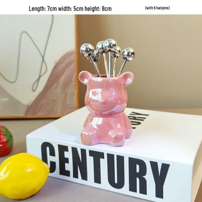 Zhao Ran Light Luxury Wooden Fruit Fork Set with Pink Ceramic Bear Holder