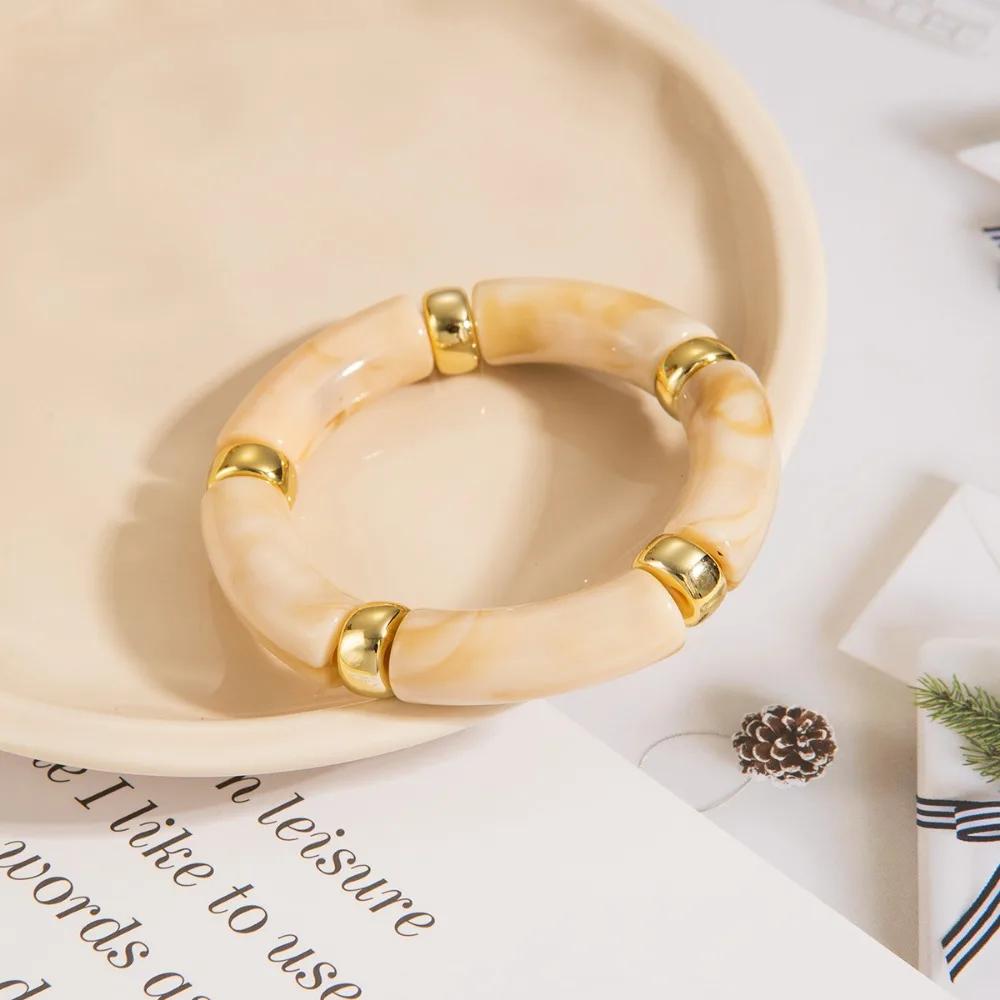 Personality Retro Multicolour Acrylic Bend Bangle for Women Charm Curved Bamboo Pipe Stone Grain Bracelet Jewelry Accessory Gift