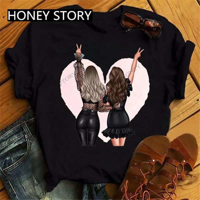 Summer Fashion Best Friends T-Shirt Short Sleeve Graphic Tees for Ladies Good Friend Bestie Sister Outfit Polyester Fabric