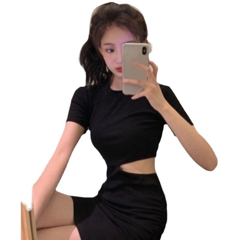 Sexy waist slim short-sleeved dress women's summer dress new solid color high waist hollow hip-wrapped short skirt women's clothing