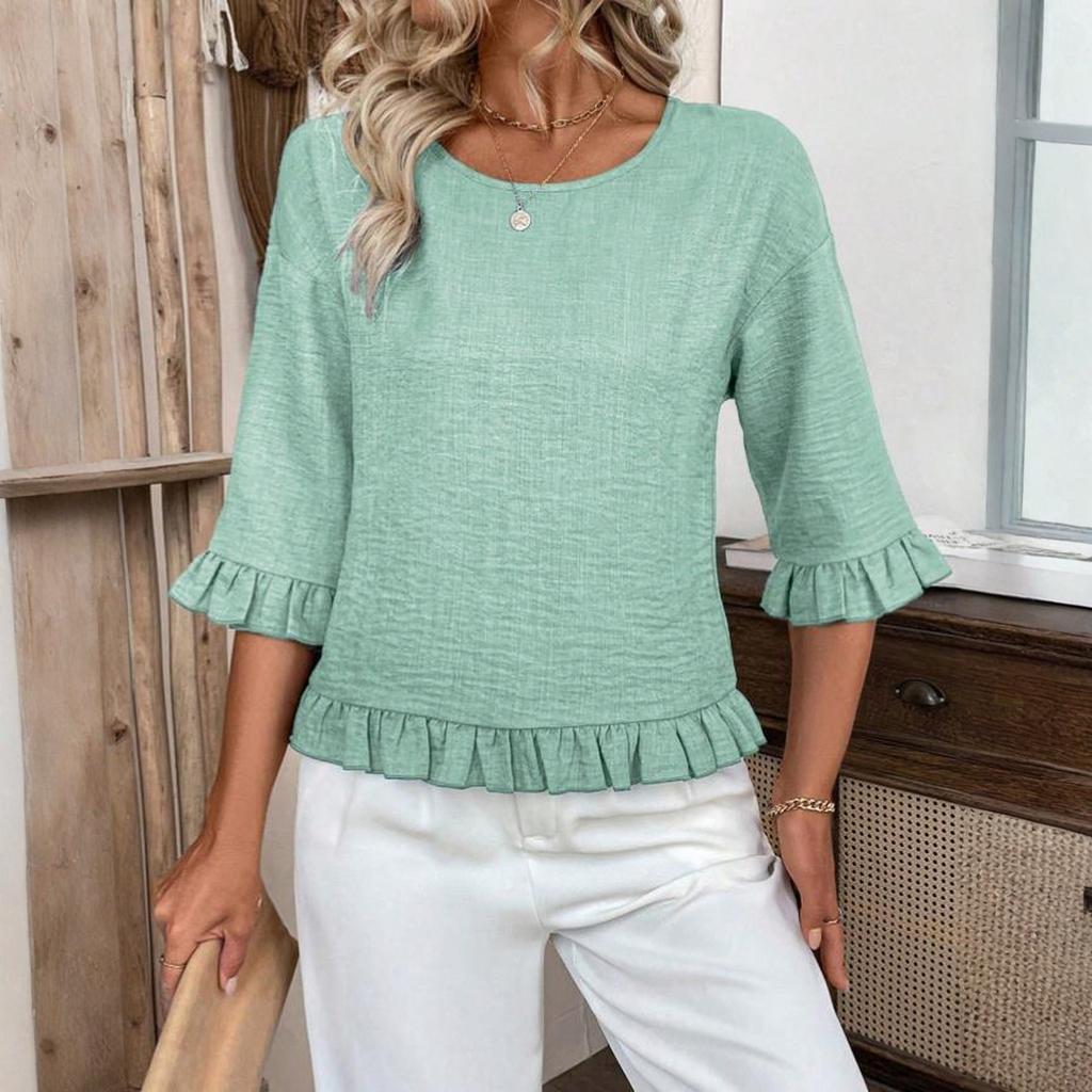 Women's Casual Fashion Ruffled Round Neck Color Long Sleeve Top